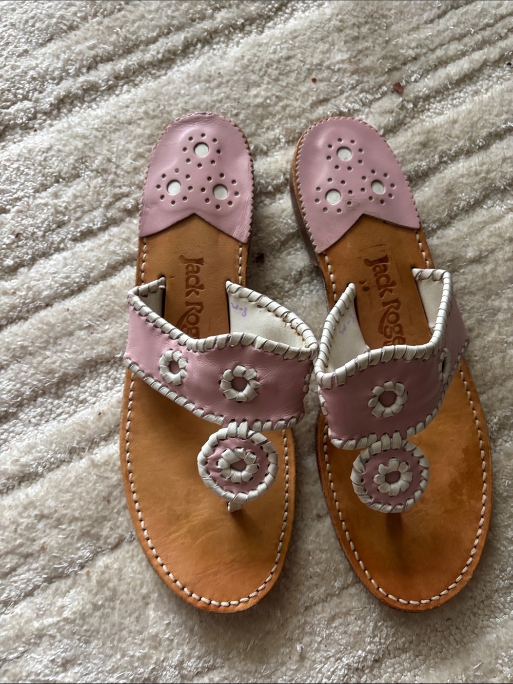 Jack Rogers Pink Leather Circle Thong Sandals with White Whipstitch